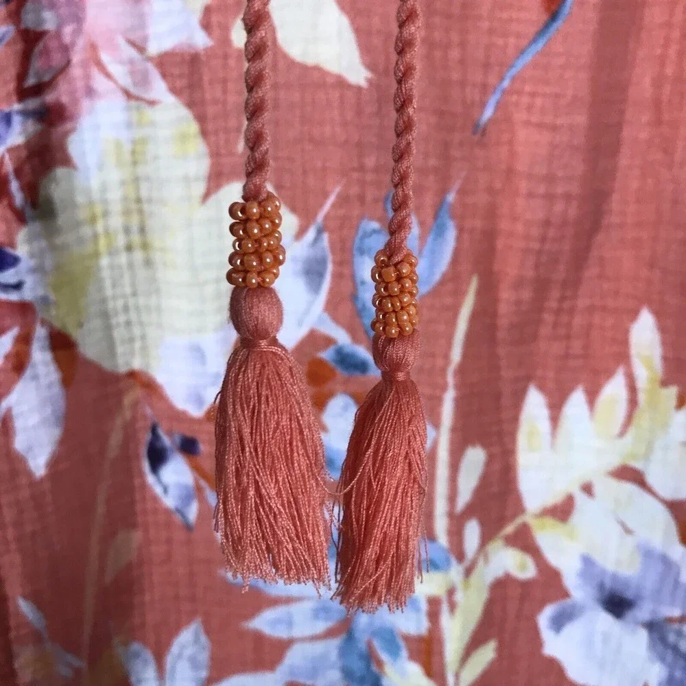 Soft Surrounding Women's Floral Peasant Top Size PL Orange 3/4 Sleeve Tassel